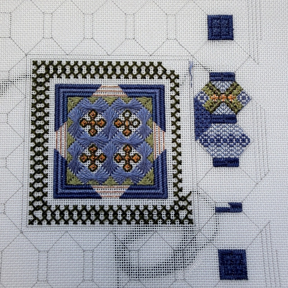 Vintage Geometric Needlepoint Pillow Canvas Partially Stitched Blue Green